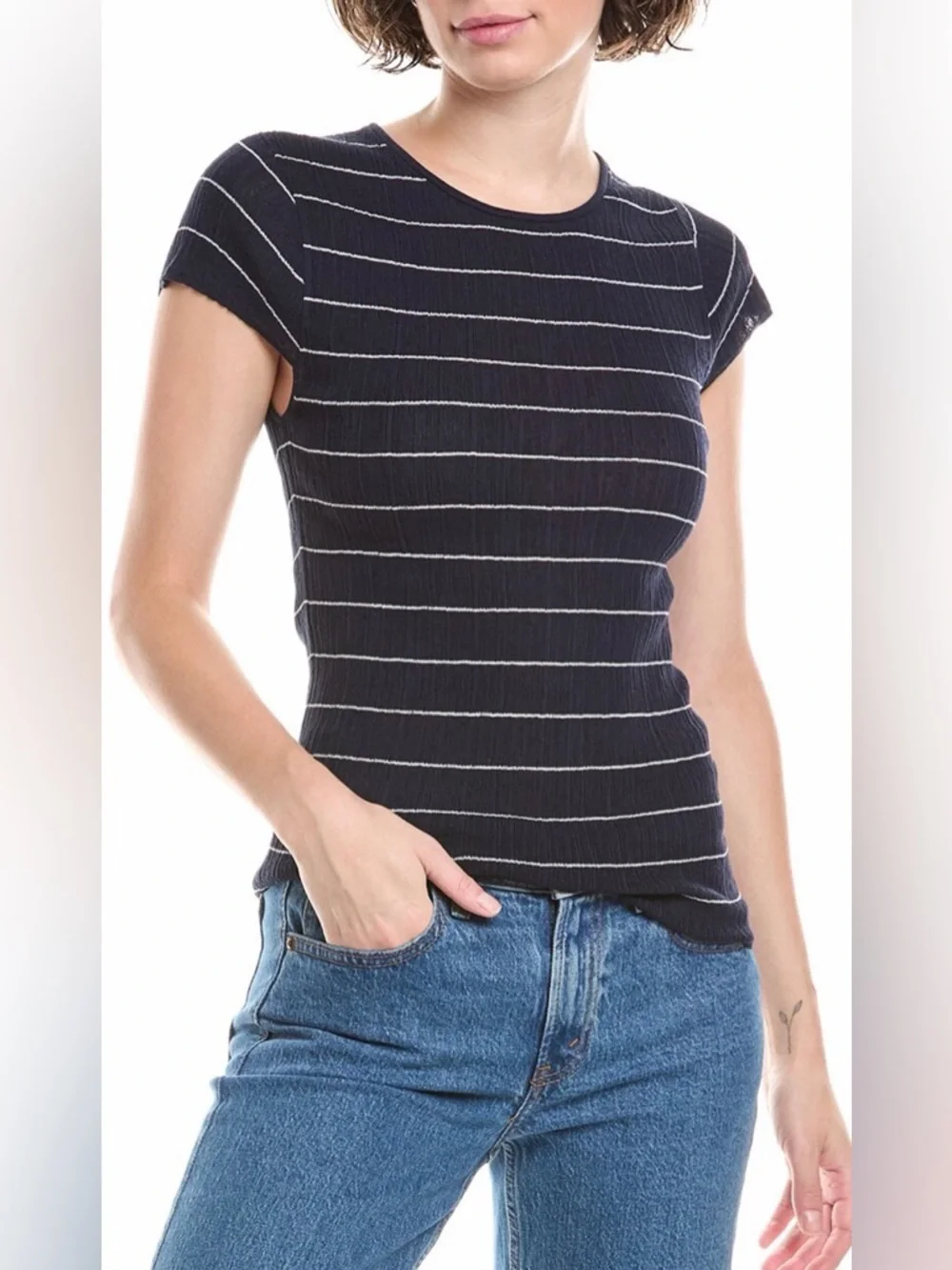 A.L.C. Sam Striped Cotton-Blend Top in Navy/White - Picture 3 of 5